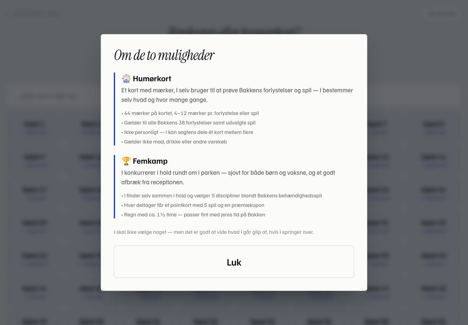 Pop-up "Om de to muligheder" med detaljer om humørkort og femkamp på Bakken