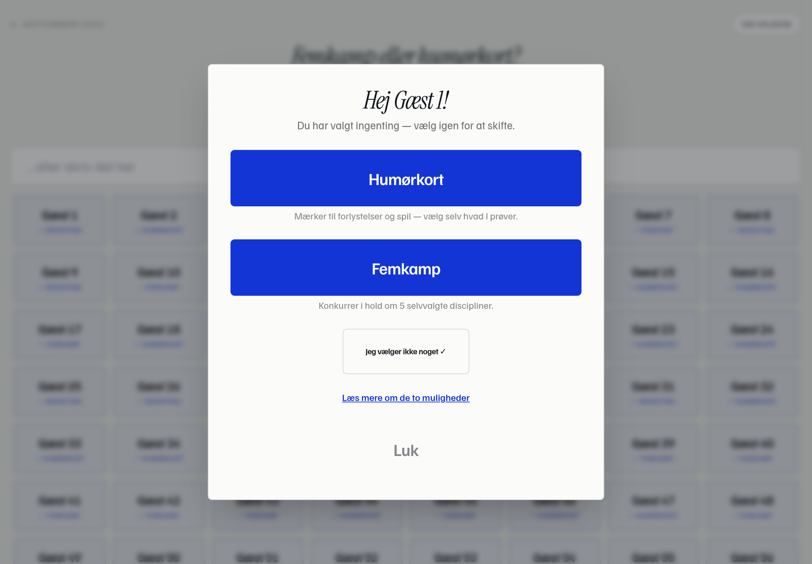 Pop-up med "Hej Gæst 1!" og knapperne Humørkort, Femkamp og "Jeg vælger ikke noget"