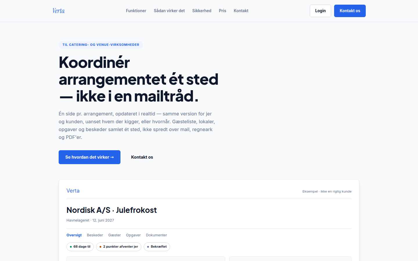 Forsiden af verta.dk med overskriften "Koordinér arrangementet ét sted – ikke i en mailtråd" og et eksempel på en arrangementsside