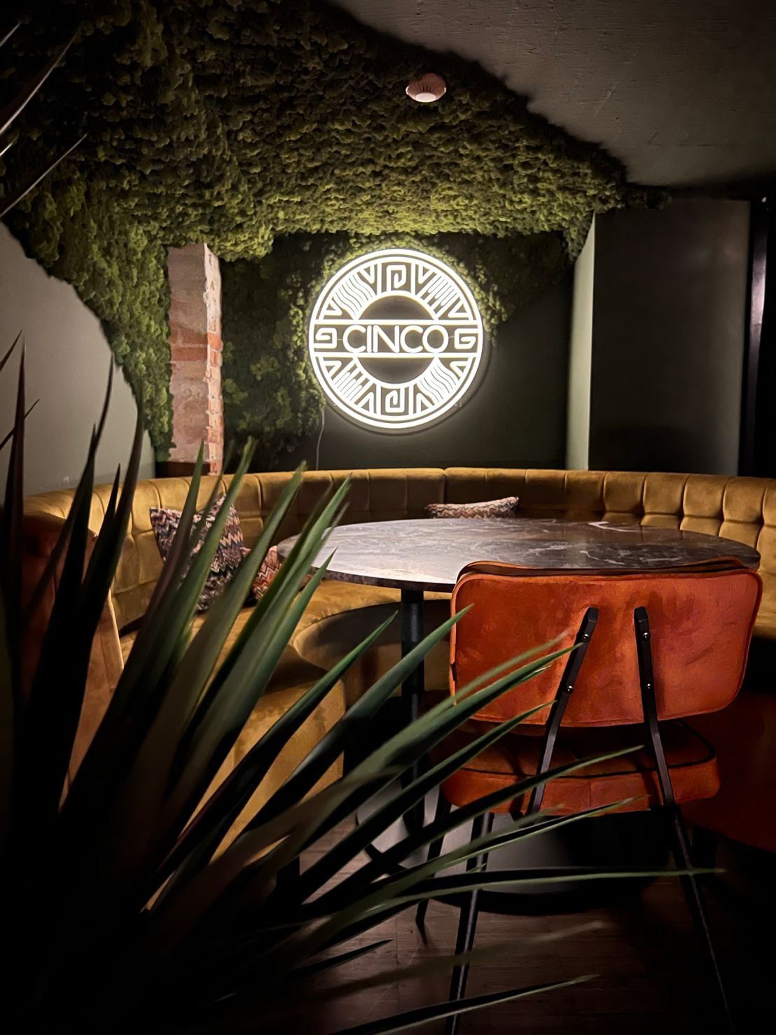 Cincos neonskilt med logoet på en mosbeklædt væg over en buet sofa i sennepsgul velour og en orange stol