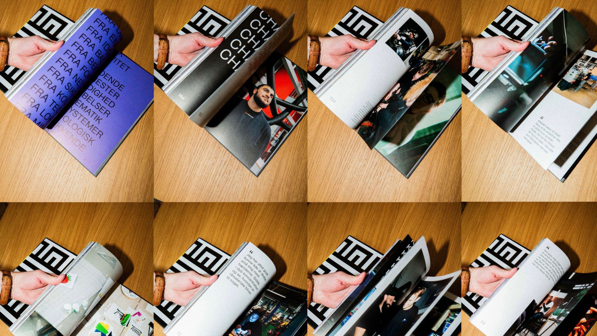 Otte billeder af en hånd, der bladrer i bogen FAGLÆRT – lilla typografisider, portrætter, værkstedsbilleder og elevcitater