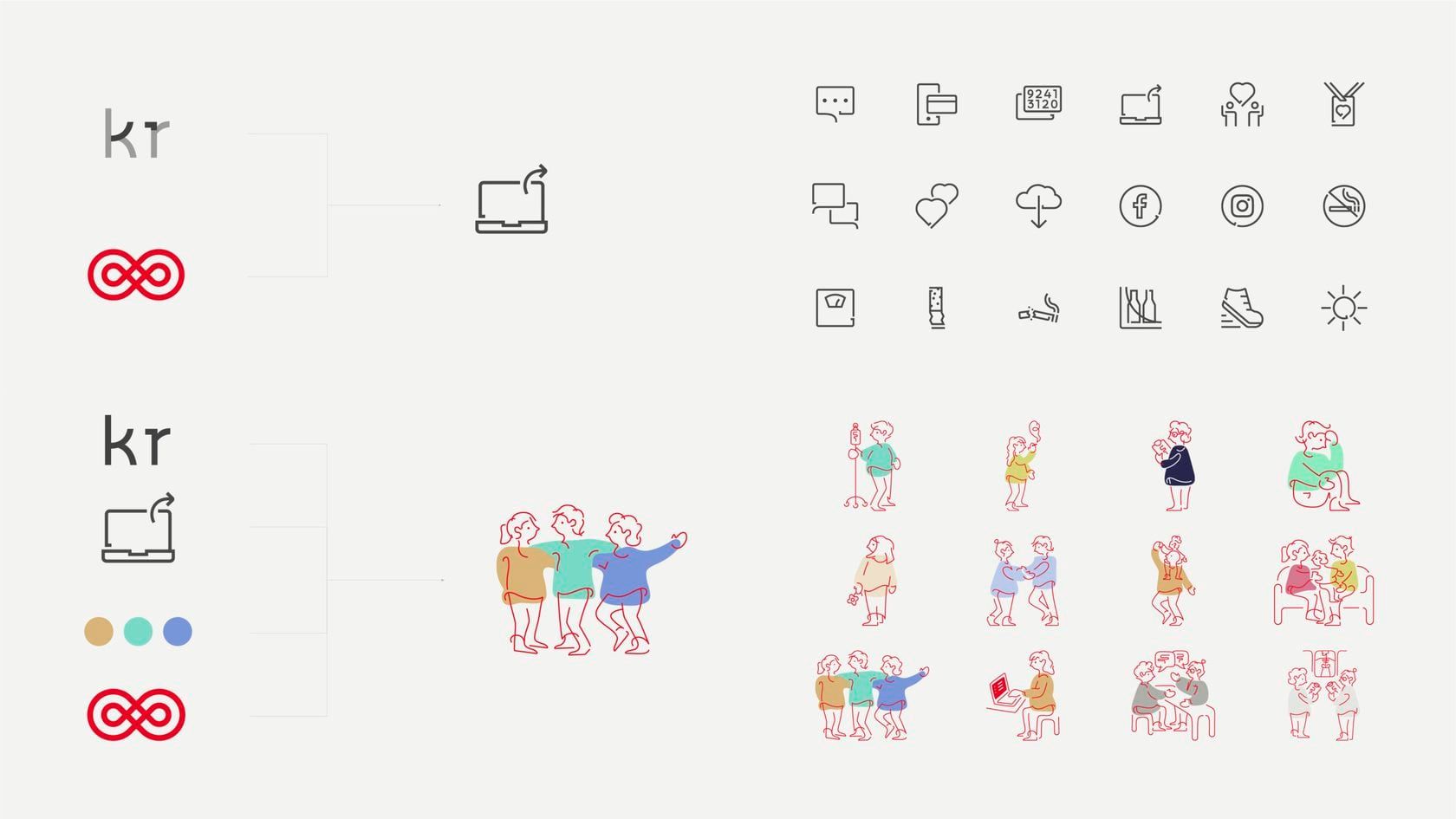 Ikoner og illustrationer af mennesker i identitetens streg, sammen med logo og farveprikker