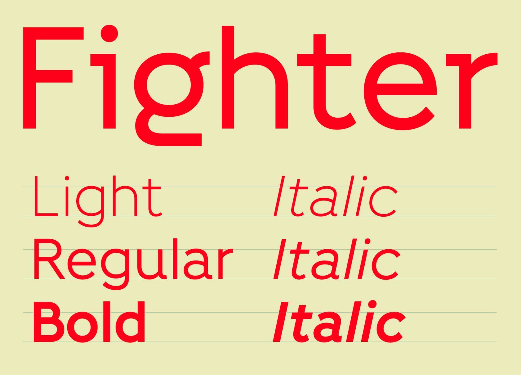 Skrifttypen Fighter vist i snittene Light, Regular og Bold med kursiver