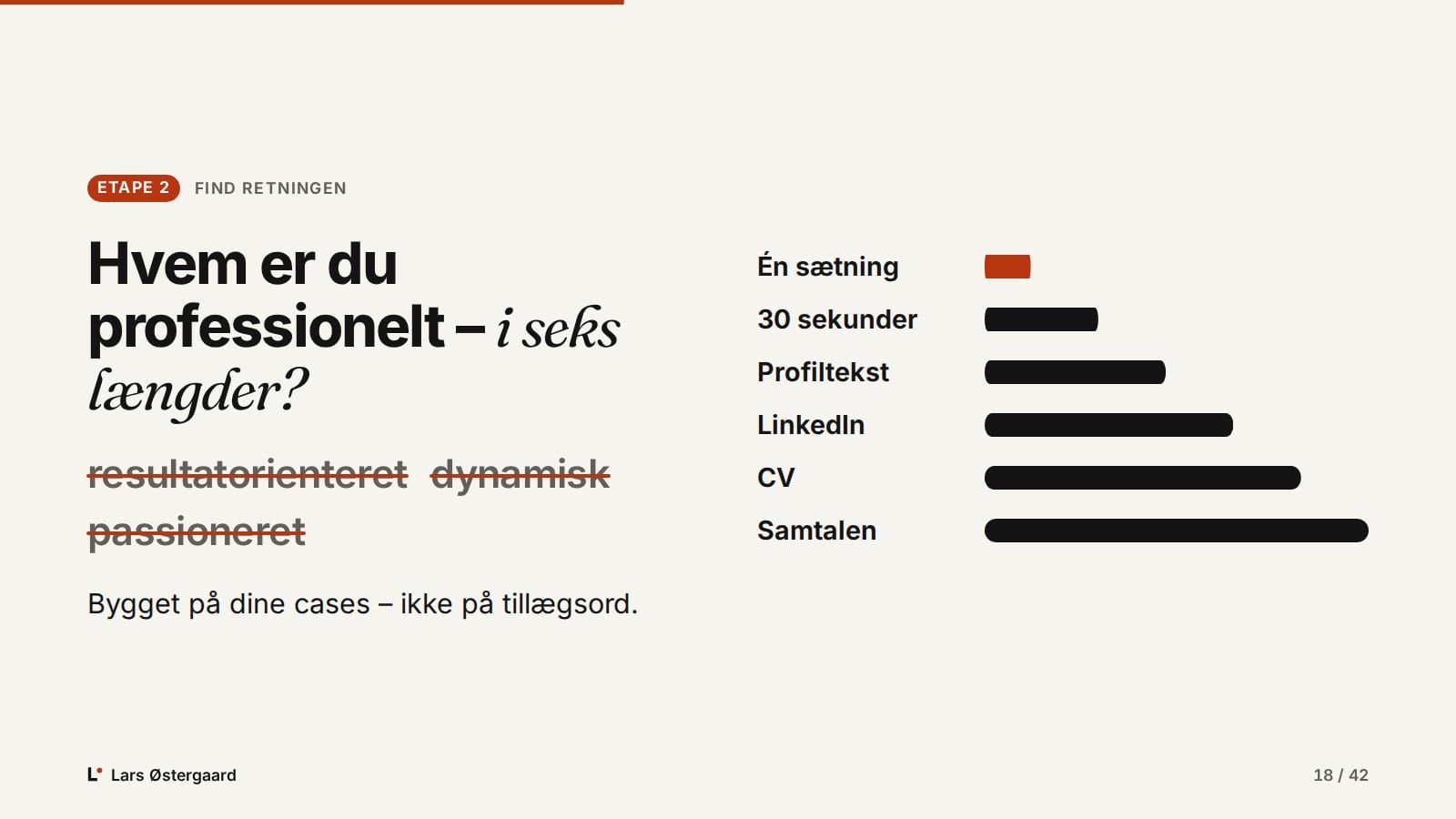 Slide: Hvem er du professionelt – i seks længder? Ordene resultatorienteret, dynamisk og passioneret er streget ud