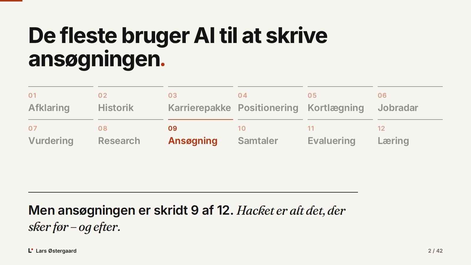 Slide: De fleste bruger AI til at skrive ansøgningen – men ansøgningen er skridt 9 af 12