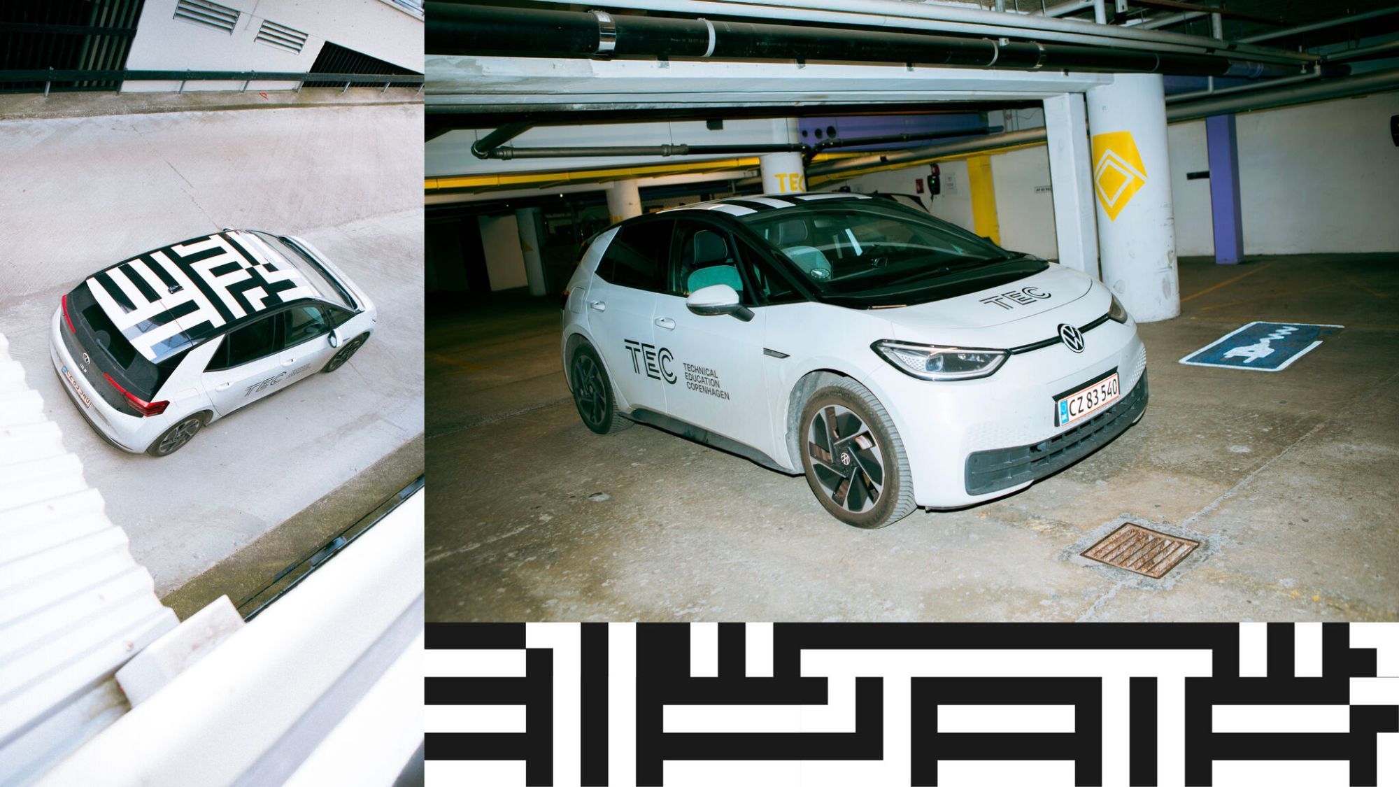 TEC-bil i et parkeringshus med TEC-logo på siden og supergrafikken på taget – set fra oven og forfra, med et bånd af supergrafik nederst