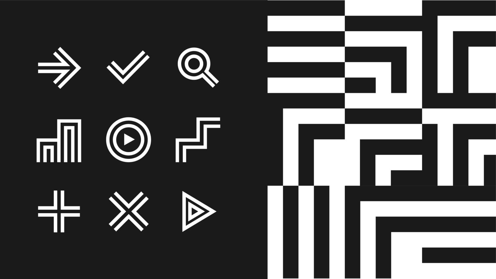 TEC.dk's ikoner – pile, flueben, lup, søjler og afspilningsknap – ved siden af den sort-hvide supergrafik