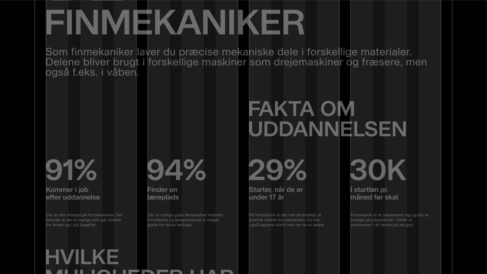 Uddannelsessiden for finmekaniker med fakta om uddannelsen i store tal – 91 %, 94 %, 29 % og 30K
