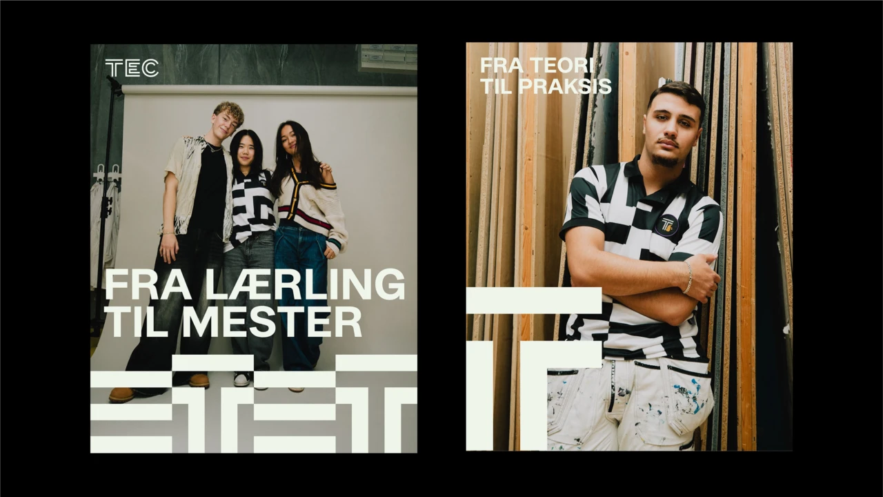 To kampagneplakater fra TEC – "Fra lærling til mester" med tre elever foran et fotobaggrundspapir og "Fra teori til praksis" med en elev i den sort-hvide TEC-trøje – begge med supergrafik