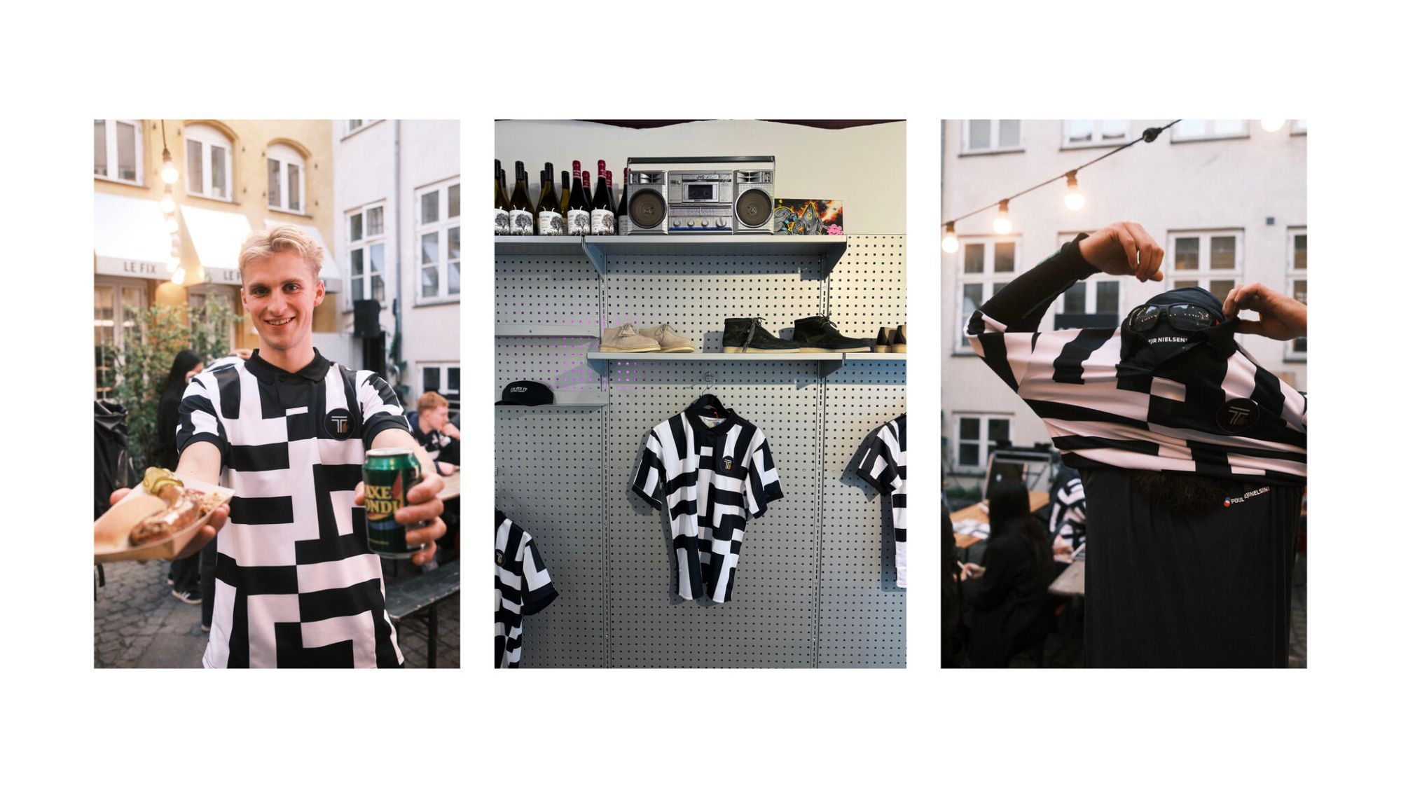 Tre billeder fra LE FIX × TEC-eventet: en ung mand i TEC-trøjen med pølse og øl i en gård, trøjen hængt op i butikken, og en person der trækker trøjen over hovedet